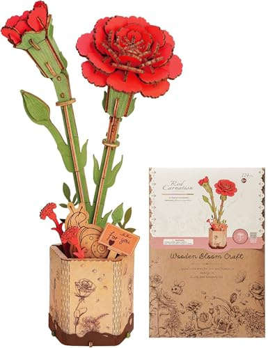 ROBOTIME 3D Holzpuzzle Künstliche Blumen Modellbausätze für Erwachsene zum Bauen, Kreative Wohnkultur, Accessoires Wohnzimmer, Geschenke für Frauen am Valentinstag, Blumenstrauß (Rote Nelken)