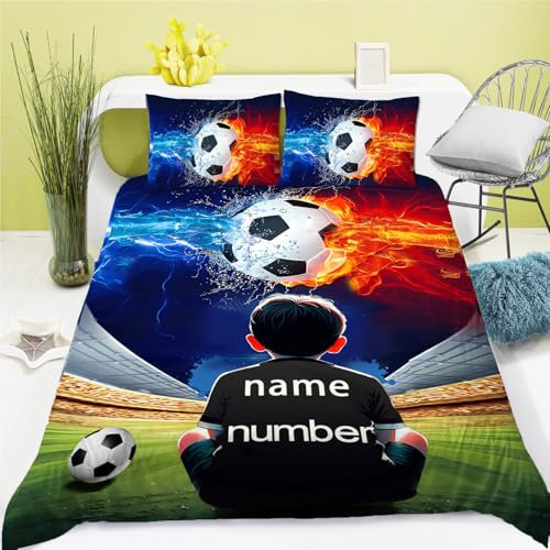 CHEFFS Personalisierte Bettwäsche mit Name Text, Individuelles Sportthema Bettwäsche Personalisiert Mit Namen, Bettwäsche Fußball Bettbezug mit Reißverschluss (135 x 200 cm,1)