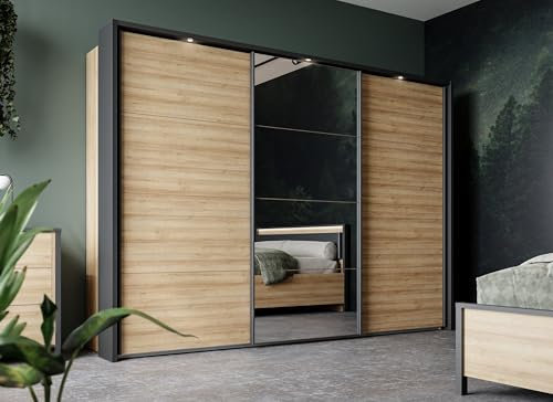möbelando Schiebetürenschrank >HIGH Rock< in Riviera Eiche Dekor mit Spiegel - 269,9x210,5x61,2cm (BxHxT)