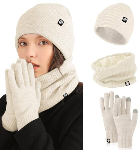 Nenkarn Ensemble Bonnet Echarpe Gant Femme, Set 3 en 1 Bonnet et Écharpe pour Femmes, Gants Tactiles en Polaire Épaisse Bonnet Tricoté Accessoires pour Temps Froid (Beige)