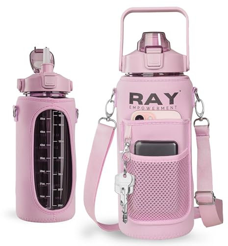 RAY Empowerment 2L motivierende Trinkflasche (BPA frei) in einer Umhängetasche mit Handyfach, Schlüsselanhänger und Zeitstempel für Gym, Fitnessstudio, Workout, Fitness, Sport, Outdoor (Pink)