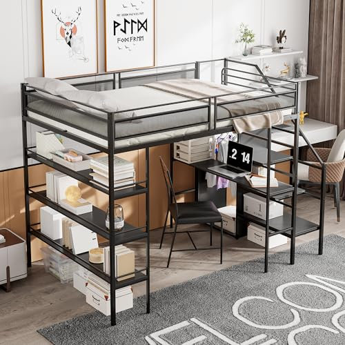 YESGIGA Hochbett, dreilagiges Ablageregal, Schreibtisch, Kleiderschrank, Sicherheitsstufen mit Ablagefach, hohes Zaundesign, Eisenbett, Einzelbett (Schwarz, 140x200cm)