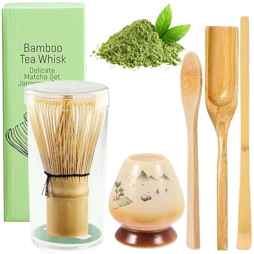 Lot de 5 pièces à thé matcha avec balai à matcha, porte-pinceaux à thé en céramique, fouet en bambou, porte-balais en céramique, accessoires pour matcha japonais, coffret cadeau