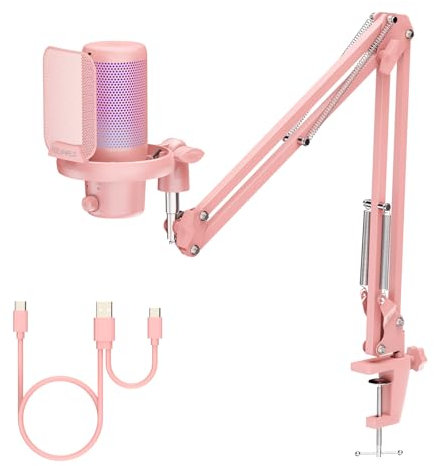 FEELWORLD VM1 USB Gaming Microphone avec Support Cantilever pour L'enregistrement de Podcasts,Jeux Vidéo,Microphone De Studio pour PC,Pink avec Pointage Cardioïde,Éclairage RGB,Maille Anti-Projection