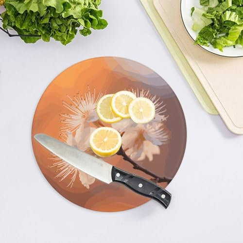 Planche à découper en verre trempé avec fleurs sous lumière orange pour cuisine, grande planche à découper et de service résistante à la chaleur, planche à découper de cuisine 20,3 x 20,3 cm