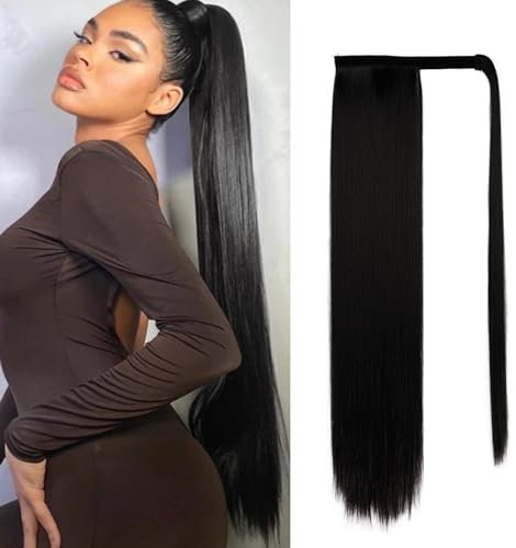 DKDDSSS Queue de Cheval Extension, 66cm Noir Postiche Queue de Cheval Extension de Cheveux Longue Raides, Ponytail Synthétique Rajout Cheveux pour Femmes