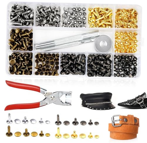 Leather Rivets Kit, 180 Pcs Leathercraft Double Cap Rivets 4 Colours Studs for Clothing 6mm 8mm 12mm Rivet with Punch Tool and Fixing Tool Rivets for Leather