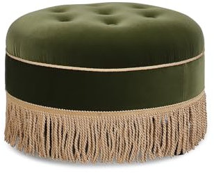 NCLOYN Runder Gepolsterter Ottoman-couchtisch, Getuftete Ottoman-fußstütze mit Fransenquaste, Sitzkissen Aus Samt, Akzenttische für Wohnzimmer- und Schlafzimmermöbel(70x70x45cm(27x27x18inch), Green)