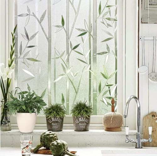 Homewell Fensterfolie Blickdicht mit Bambus Motiv - Sichtschutzfolie Fenster statisch haftend - Milchglasfolie Dekorfolie für Fenster und Bad 70x200 cm