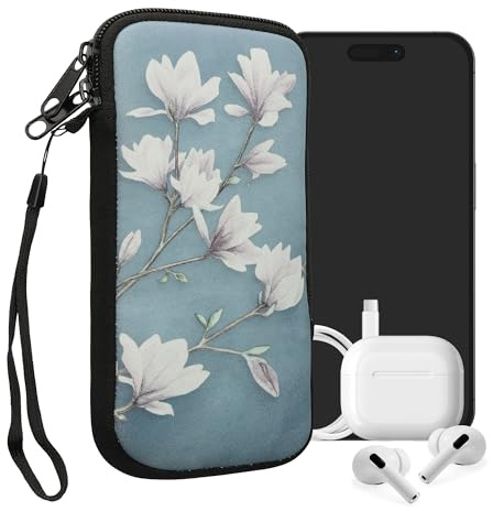 kwmobile Handytasche für Smartphones XXL - 7 - Neopren Handy Tasche Hülle Cover Case Schutzhülle - Magnolien Taupe Weiß Blaugrau - 17,7 x 8,5 cm Innenmaße