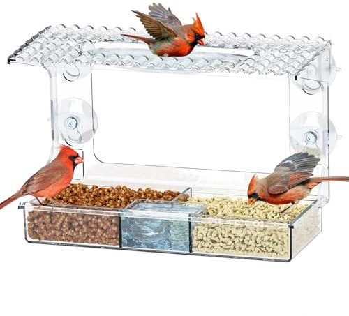 Comederos para Pájaros de Ventana, 2 en 1 Comedero Pajaros Exterior con Ventosas y Orificios de Drenaje, Transparente Distribuidor de Comida para Pajaros Silvestres para Jardín & Balcón