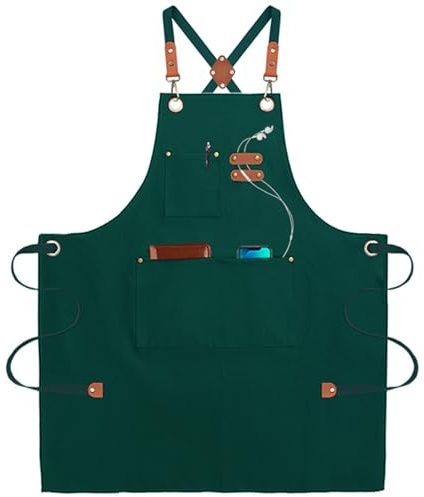 umboom Grembiuli da Tela, Verde Chef Cucina Grembiule per Uomo Donna con Cinturino Regolabile e 3 Tasche per Camerieri Lavoro Giardino Ristorante Bar Pittura, Incrocio Posteriore