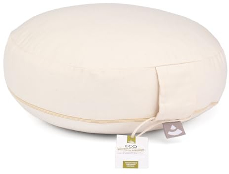 Bodhi Meditationskissen Rondo ECO extra flach | Bodenkissen mit Bio Dinkelfüllung | Bezug aus 100% Baumwolle | Yogakissen mit 15,5 cm Sitzhöhe | Waschbarer Bezug mit Trageschlaufe | natur
