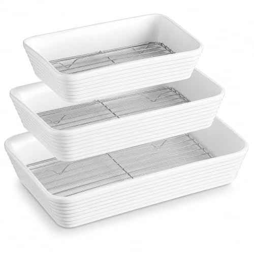 ONEMORE Set de 3 Plats à Four en Céramique avec Support | Formes Rectangulaires pour Lasagne, Tiramisu, Gratins et Préparation de Pâtisseries | 3 Tailles Incluses : 2,8 L, 2 L et 1,2 L