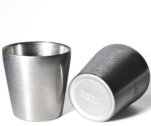 Erkundpresso. Set med 2 espressokoppar 150 ml, 304 rostfritt stål vintage silver matt, dubbelväggig, stapelbar, okrossbar, robust, diskmaskinssäker, kaffe/te/öl, resa/camping