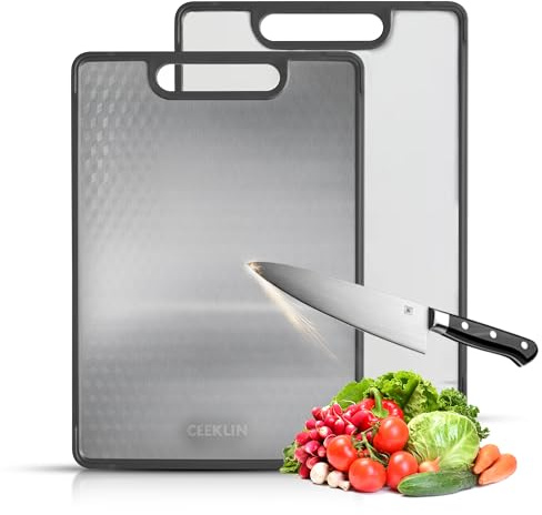 CEEKLIN Double Sided Cutting Board – Stainless Steel & Wheat Fiber Reversible Chopping Board, Non-Porous Metal Side & Lightweight Prep Board for Meat, Vegetables & Daily Kitchen Use