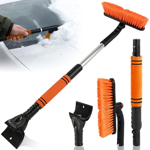 YIYICO Eiskratzer Auto mit Besen Ausziehbarer Schneebesen Auto 73cm Orange | Abnehmbarer Eisschaber Ergonomischem Schaumstoffgriff Autos Reinigungsbürste für Scheibenkratzer Autos LKW PKW