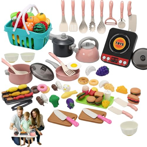 Accessoires de Cuisine pour Enfants, 91 pièces, Ensemble de Nourriture Jeu Simulation avec légumes à Couper, casseroles et poêles, Accessoires Cuisine Jouets pour Les Tout-Petits, éducatif
