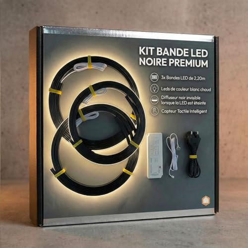Kit lumière LED pour Tasseau bois, Panneau acoustique – Pack 3 bandes 2,20 m – Blanc Chaud – Diffuseur noir (lumière adoucie) – Interrupteur tactile – Pose sur feutrine noire – Entre lattes 13 mm