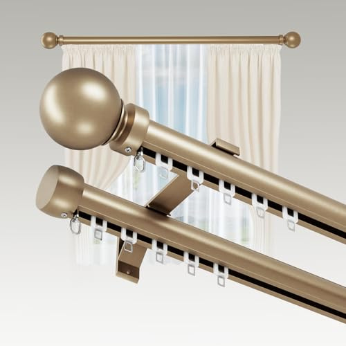 OXBZKMY Gold Gardinenstange 2 Läufig, Leise und Langlebige | Aluminium, mit Halterung und Enden, Vorhangstange Doppelläufig für Schlafzimmer Wohnzimmer, 2.4m