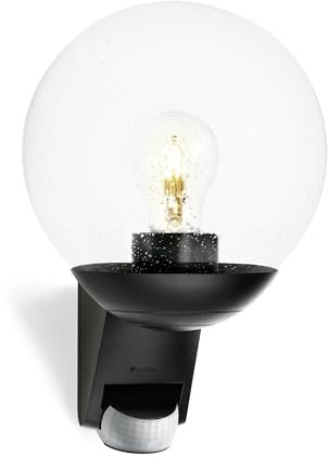 Steinel Außenwandleuchte L 585 S schwarz, 180° Bewegungsmelder, Max. 10 m Reichweite, klassisch, mundgeblasenes Glas