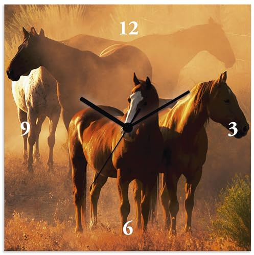 ARTLAND Wanduhr ohne Tickgeräusche Alu Quarzuhr 30x30 cm Quadratisch Lautlos Pferd Tiere Natur Herde Pferde Mädchen S8SQ
