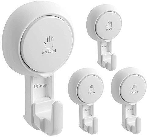 Ulinek Set di 4 Ganci a Ventosa in Plastica, Gancio Ventosa a Parete Forte, Gancio Appendini Senza Foratura, Appendi Aaccappatoio Impermeabile e Resistente, Porta Asciugamani Ventosa Bagno 5KG Bianco