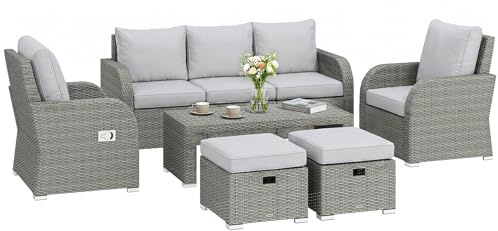 Outsunny 7 Seater Rattan Garden Furniture Set, 2 Reclining Chairs, 3 Seater Sofa, Coffee Table, Footstools, Space-Saving 6 Piece Outdoor Patio Furniture Conversation Set with Cushions, Light Grey