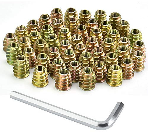 PERFETSELL 50 PCS Hex Socket Threaded Insert Nuts for Wood Furniture, M6x15mm Zinc Alloy Interface Flat Head Screw-in Fastener Rivet Inserts