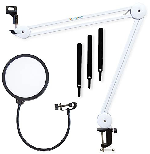keepdrum MS138 Mikrofonarm-Stativ Gelenkarm Weiss + Popschutz Popfilter Weiss