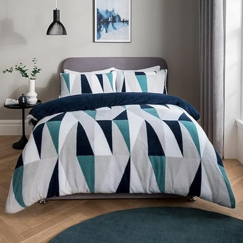 Sleepdown Geometric Teddy Fleece Thermal Warm Cosy Super Soft Duvet Cover Quilt Bedding Set with Pillow Cases - Double (200 cm x 200 cm) - Navy