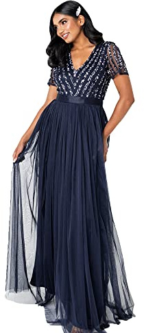Damen Ballkleid Abendkleid V-Ausschnitt Maxi Länge Pailletten Kurze Ärmel für Hochzeit Geburtstag Brautjungfer