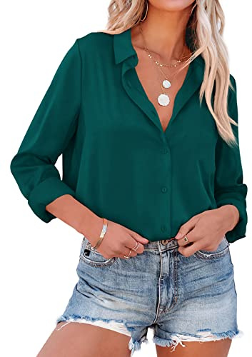 NONSAR Damblus, eleganta långa ärmar, skjortblus med ståkrage, kontorsblusar, lediga toppar, Mörkgrön, XL