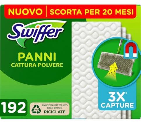 Swiffer Panni Cattura Polvere, 240 Panni Microfibra Dry, Cattura Polvere e Sporco, Ottimo per Tutti i Tipi di Pavimenti e per i Peli di Animali, Giga Formato