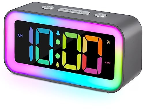 Cadmos Loud Alarm Clock for Bedrooms with Dynamic RGB Night Light,Heavy Sleepers Adults,Dual Alarm,Dimmer,USB Charger,Small Bedside Digital Clock with Led Display for Kids,Teens (Silver Gray)