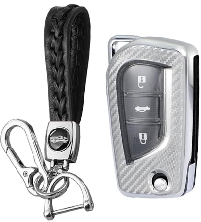KUNIO Klapp Schlüsselhülle Passt für Toyota Yaris Aygo Passt für Peugeot 108 Passt für Citroen C1 TPU Kohlefaser Schutzhülle Autoschlüssel Hülle Schlüsselanhänger 2 Tasten Silber