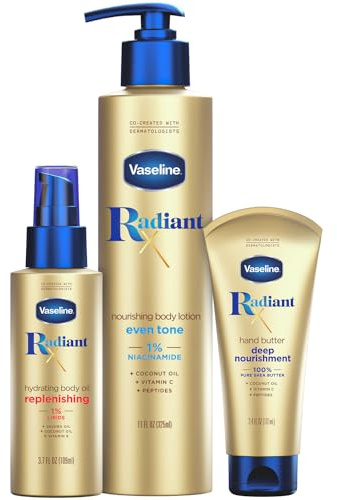 Vaseline Radiant X Skin Care Set -Even Tone Nourishing Body Lotion with 1% Niacinamide &Hydrating Body Oil with One Percent Lipids +Deep Nourishment Hand Butter with 100% Pure Shea Butter(3 Piece Set)