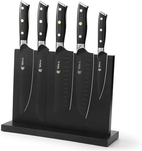 Wakoli Titanium Noir Messerset (5-teilig) Messerblock mit Messer - Küchenmesser Set mit 12,5–21 cm Messer mit Edelstahlklingen, schwarze Beschichtung, magnetischer Messerblock, Profi Kochmesser Set