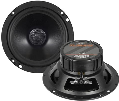 MUSWAY ML62 - Sistema coaxial de 2 vías de 16,5 cm, altavoz empotrable para coche con tweeter de tejido de 20 mm y membrana de aluminio para un sonido impresionante