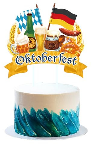 Tortendeko Oktober, Oktober Cake Topper Bayrische Party Kuchen Deko mit Deutsche Flagge/Blau Weiße Diamante Flagge/Bierkrüge Muster, Oktober Deko Cake Topper Party Zubehör (15 * 14.8cm)