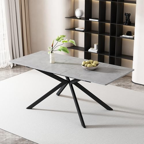 Merax Esstisch ausziehbar, Betonoptik Esstisch 150/180 * 70cm, 4–6 Person, Betonoptik +Schwarz