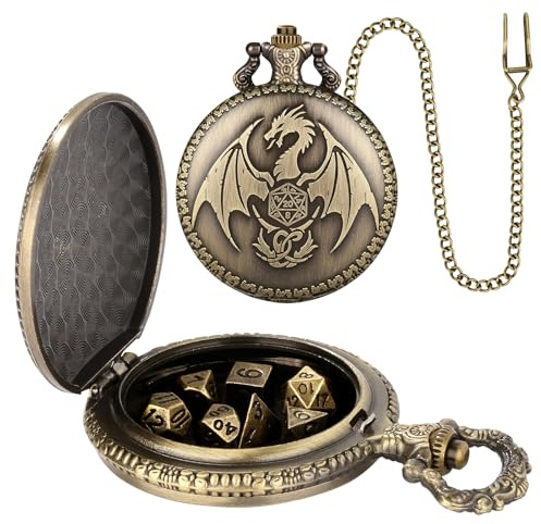 Mini DND Würfel Set mit Steampunk Drachen Taschenuhrgehäuse, 7-teilige Polyedrische Metall D&D Würfelset, DND Geschenke mit Geschenkbox, Grußkarte, Rollenspiele-Brettspielzubehör Würfel, Bronze
