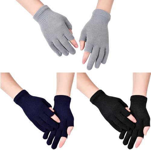 LPAMABA 3 Paare Fingerlose Handschuhe Damen Dehnbar Ohne Fingerkuppen Strick Warme Winter Halbfingerhandschuhe für Herren Frauen (3 Farben)