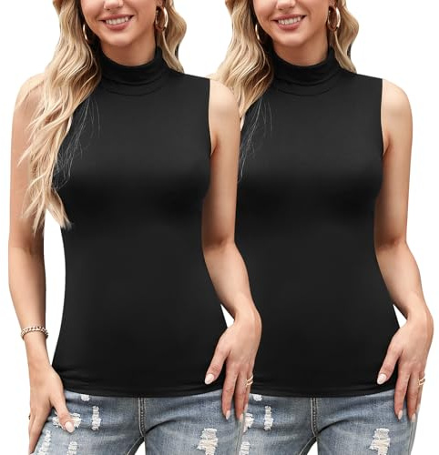 Irevial Maglia Lupetto Donna Senza Maniche 2 pacchi Smanicato in Cotone Elasticizzato Dolcevita Maglione Smanicato Donna Canottiera Donna Adatto per Primavera, Autunno e Inverno