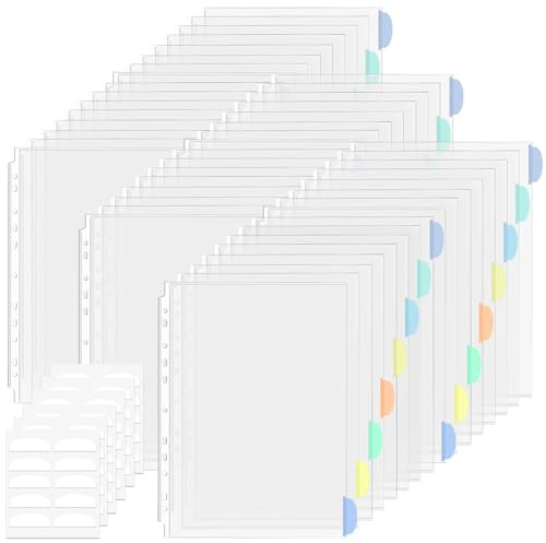 Vakki 48 Unidades Fundas Plastico Transparente A4 con índice colorido, Fundas Transparentes A4 Formato DIN A4, Portafolios A4 Plastico, Se pueden utilizar como separadores para carpetas A4