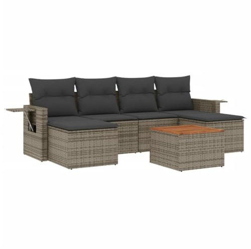 HETFTJN Dining Lounge Outdoor Gartensofa Gartenstühle Küchensofa - 7-TLG. Garten-Sofagarnitur mit Kissen Grau Poly Rattan für Balkon Speisesaal Garten Schwimmbad