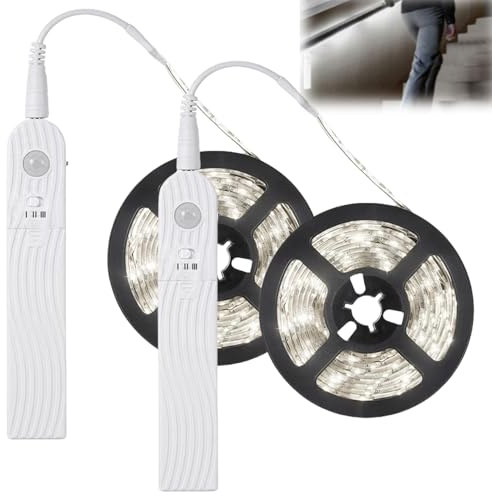 GAOUTO 2 Stück LED Band mit Bewegungsmelder, 2M LED Strip Batteriebetrieben LED Streifen, 6500K Kleiderschrank Licht Leiste für Schlafzimmer, USB Wiederaufladbar, LED Sensor Licht(weißes Licht)