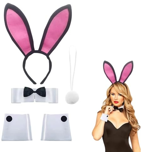 VYIBPDY Conjunto de disfraz de conejo de 5 piezas para mujer - Kit de disfraz de conejo de Pascua Diadema con orejas de conejo Pajarita Puños de cola para adultos Pascua
