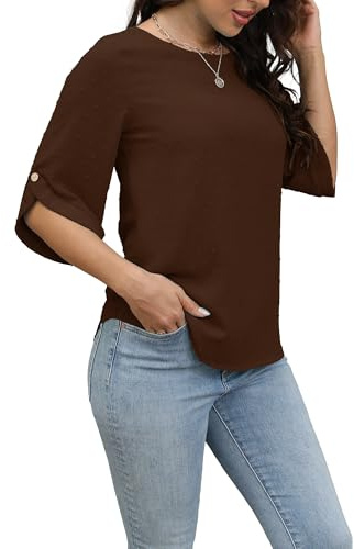 Oneezit Camisetas Mujer Manga Corta,Verano Elegante Camisas Casual Suelta Camisa Cuello Redondo T Shirts Manga 3/4 Tops Blusas Marrón Large