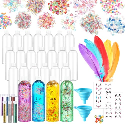 Baderke 24 Pcs Sensory Bottles 13.5oz Plastic Clear Containers Calm Down Sensory Bottles Include Funnel, Glitters, Stickers, Glitter Powder, Feathers, Small Color Balls for DIY Art Fun Crafts Supply